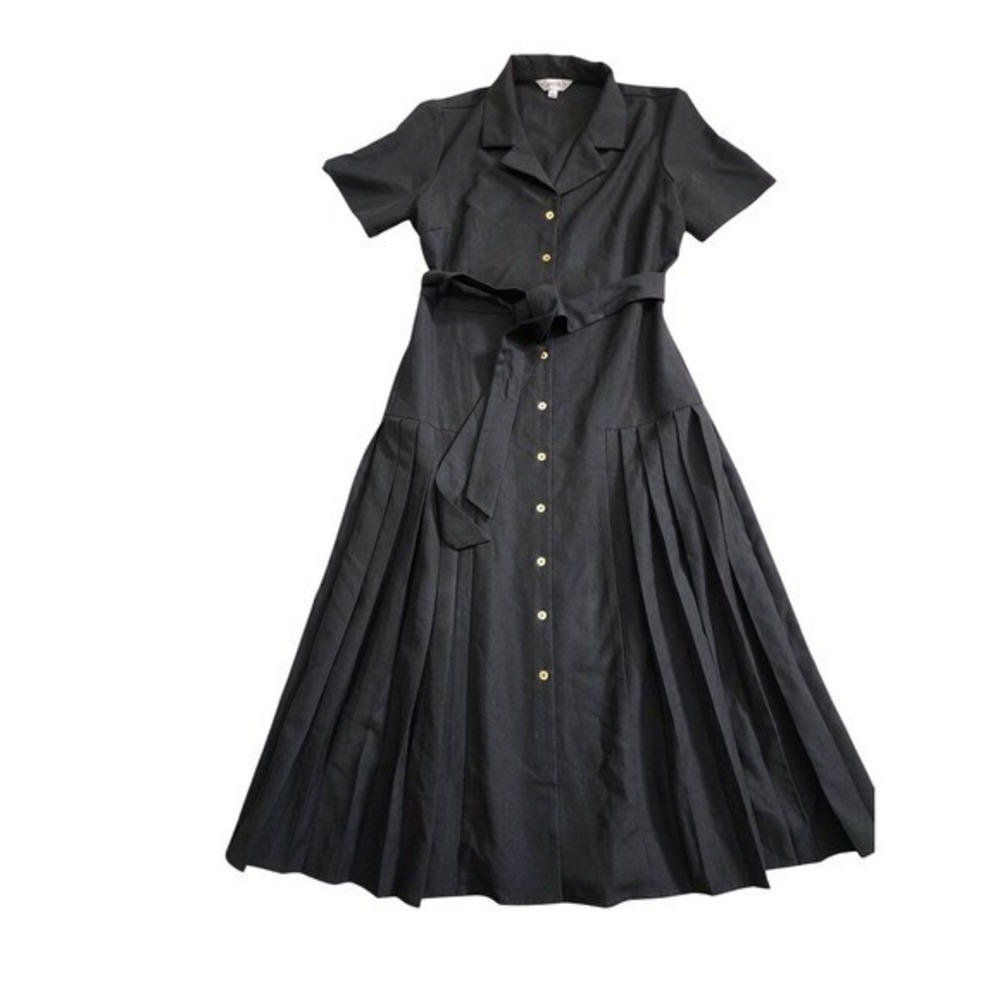 Nanette Lepore Black Midi Pleated Shirt Dress Button Belted Short Sleeve 10